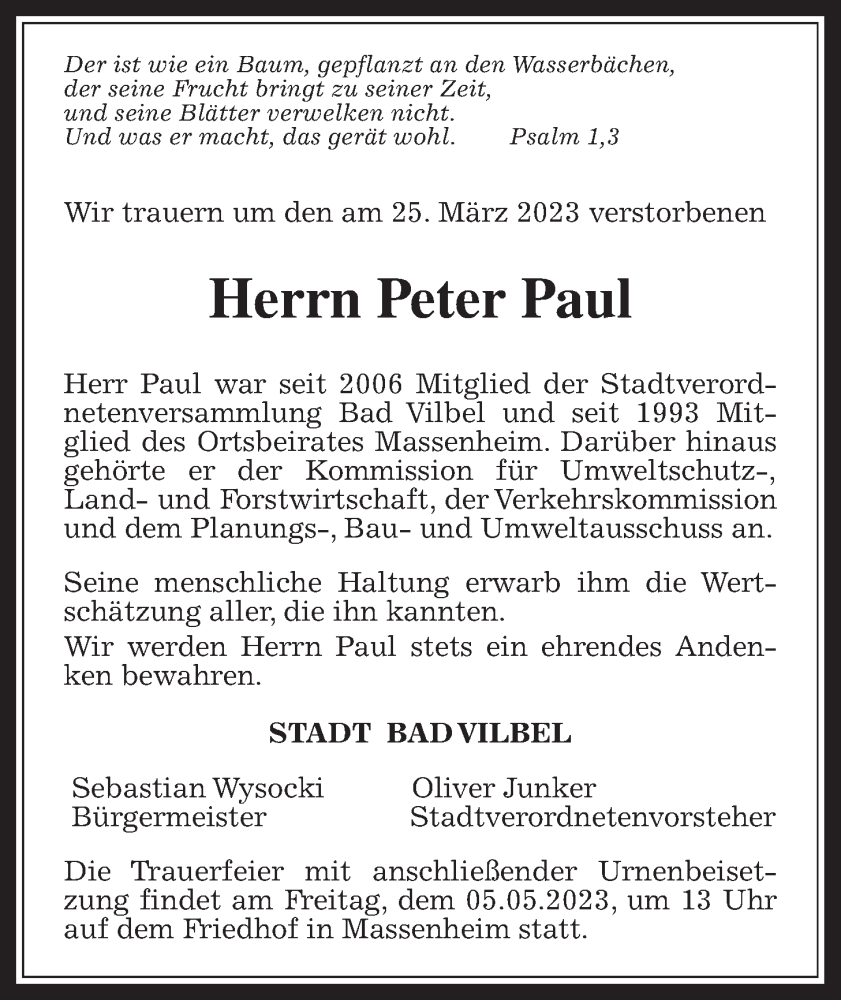  Traueranzeige für Peter Paul vom 13.04.2023 aus Bad Vilbel/Karben