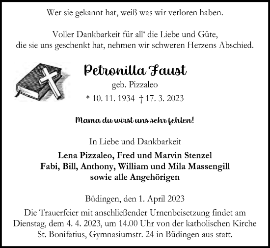 Traueranzeige von Petronilla Faust von Kreis-Anzeiger