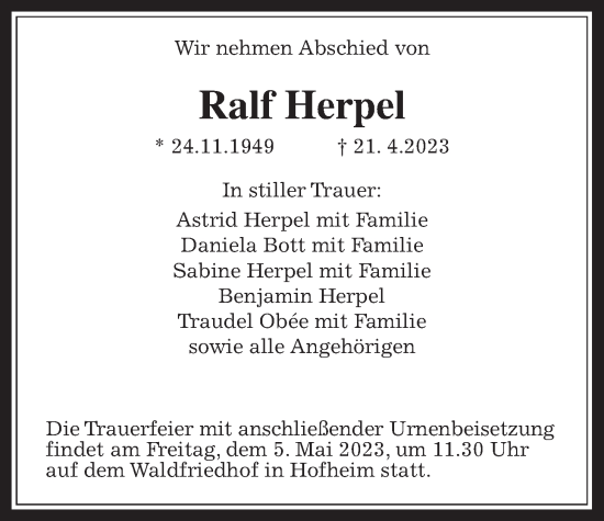 Traueranzeige von Ralf Herpel 