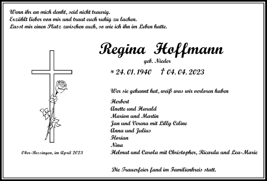 Traueranzeige von Regina Hoffmann von Licher Wochenblatt