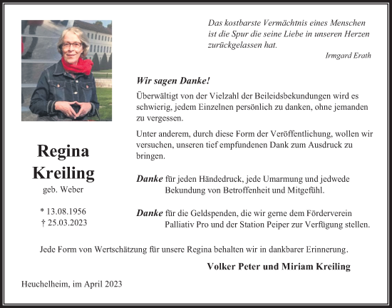 Traueranzeige von Regina Kreiling von Giessener Allgemeine, Alsfelder Allgemeine, Giessener Anzeiger