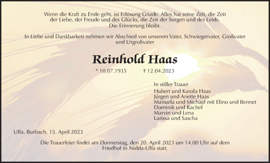 Traueranzeige von Reinhold Haas von Kreis-Anzeiger