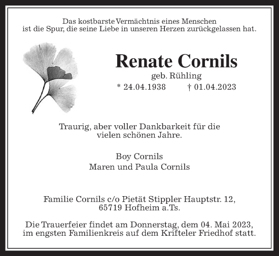 Traueranzeige von Renate Cornils 