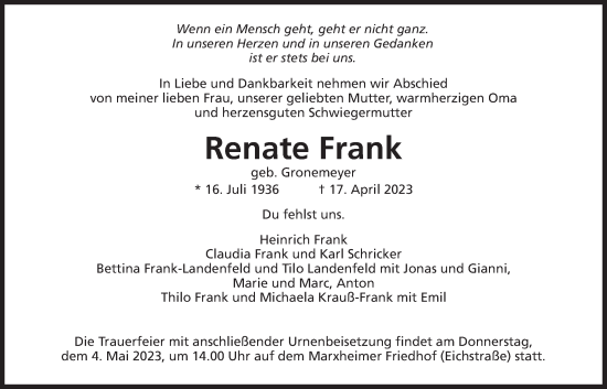 Traueranzeige von Renate Frank 