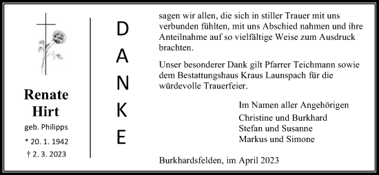 Traueranzeige von Renate Hirt von Licher Wochenblatt