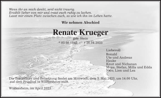 Traueranzeige von Renate Krueger von Wetterauer Zeitung