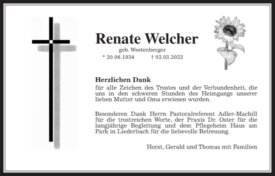 Traueranzeige von Renate Welcher 