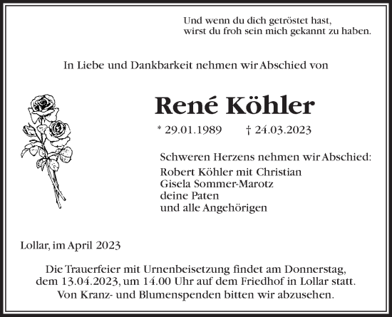 Traueranzeige von René Köhler von Giessener Anzeiger, Giessener Allgemeine, Alsfelder Allgemeine