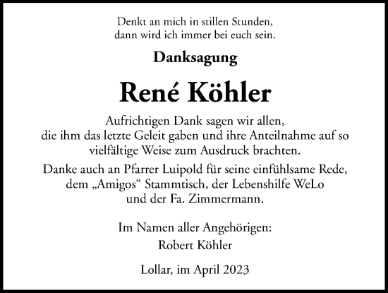 Traueranzeige von René Köhler von Giessener Allgemeine, Alsfelder Allgemeine, Giessener Anzeiger