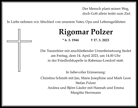 Traueranzeige von Rigomar Polzer von Giessener Allgemeine, Alsfelder Allgemeine, Rabenauer Zeitung