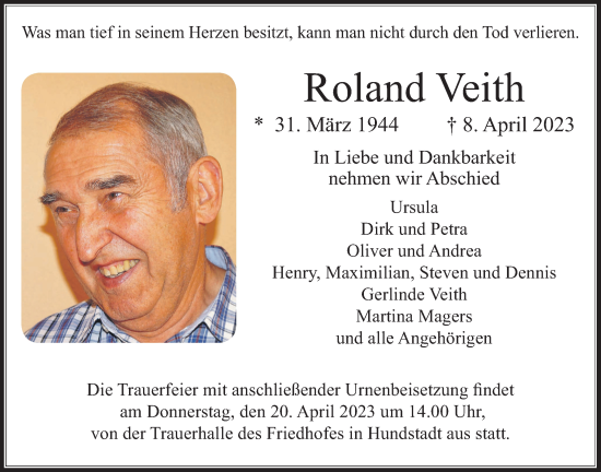 Traueranzeige von Roland Veith von Usinger Anzeiger
