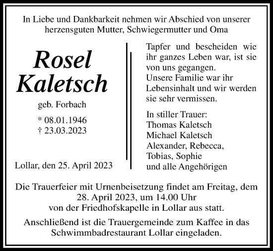 Traueranzeige von Rosel Kaletsch von Giessener Allgemeine, Alsfelder Allgemeine