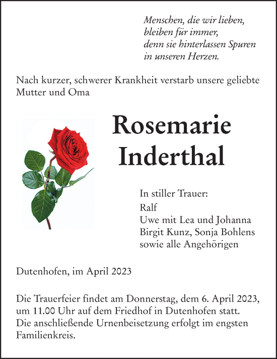 Traueranzeige von Rosemarie Inderthal von Giessener Allgemeine, Alsfelder Allgemeine