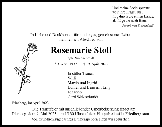 Traueranzeige von Rosemarie Stoll von Wetterauer Zeitung