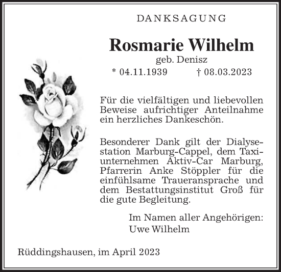 Traueranzeige von Rosmarie Wilhelm von Rabenauer Zeitung