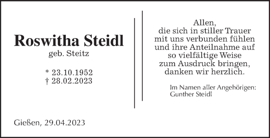Traueranzeige von Roswitha Steidl von Wetterauer Zeitung, Giessener Allgemeine, Alsfelder Allgemeine