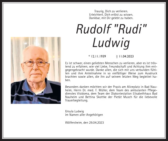 Traueranzeige von Rudolf Ludwig von Wetterauer Zeitung