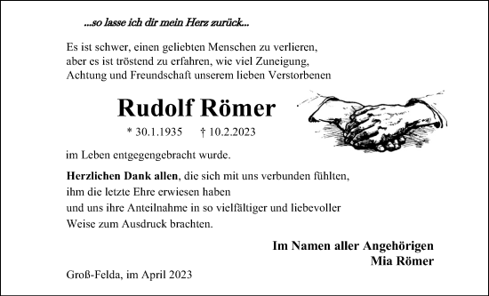 Traueranzeige von Rudolf Römer von Giessener Allgemeine, Alsfelder Allgemeine