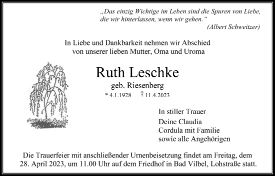 Traueranzeige von Ruth Leschke von Bad Vilbel/Karben