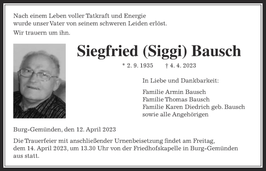 Traueranzeige von Siegfried Bausch von Alsfelder Allgemeine