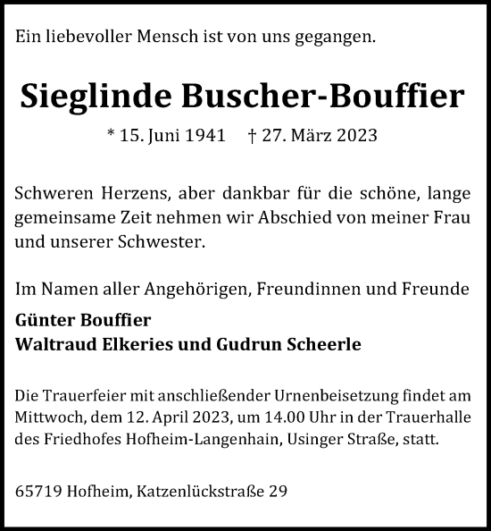 Traueranzeige von Sieglinde Buscher-Bouffier 