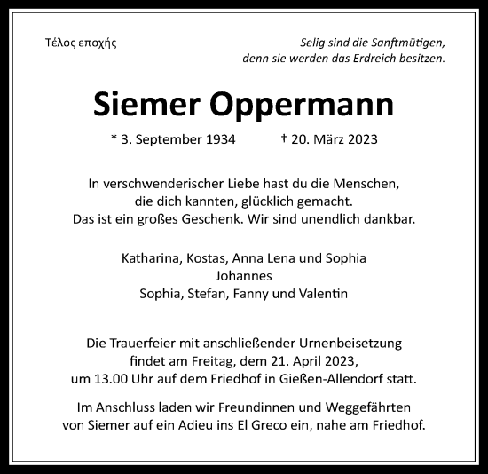 Traueranzeige von Siemer Oppermann von Giessener Allgemeine, Alsfelder Allgemeine, Giessener Anzeiger