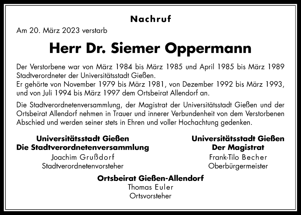  Traueranzeige für Siemer Oppermann vom 15.04.2023 aus Giessener Allgemeine, Alsfelder Allgemeine, Giessener Anzeiger