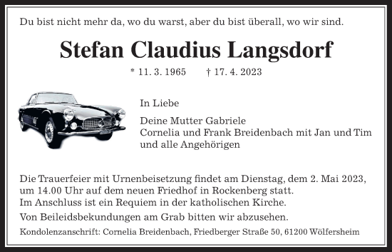 Traueranzeige von Stefan Claudius Langsdorf von Giessener Allgemeine, Alsfelder Allgemeine, Wetterauer Zeitung