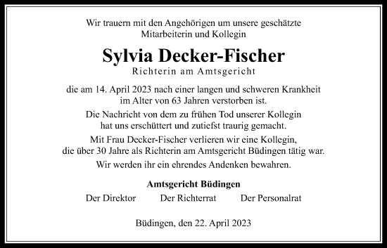 Traueranzeige von Sylvia Decker-Fischer von Kreis-Anzeiger