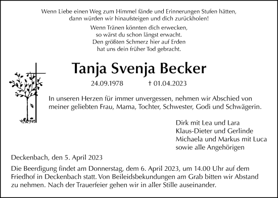 Traueranzeige von Tanja Svenja Becker von Alsfelder Allgemeine