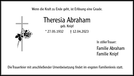 Traueranzeige von Theresia Abraham von Bad Vilbel/Karben