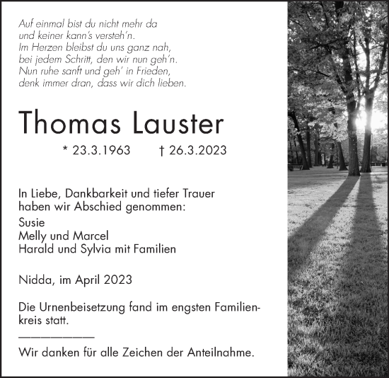 Traueranzeige von Thomas Lauster von Kreis-Anzeiger