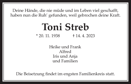 Traueranzeige von Toni Streb von Laubacher Anzeiger