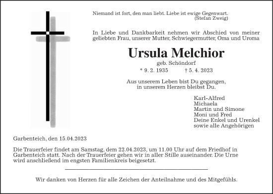 Traueranzeige von Ursula Melchior von Giessener Allgemeine, Alsfelder Allgemeine, Giessener Anzeiger, Pohlheimer Nachrichten
