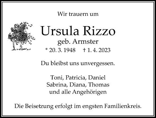 Traueranzeige von Ursula Rizzo von Bad Vilbel/Karben