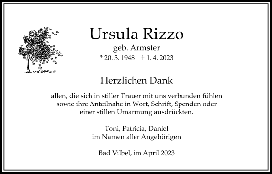 Traueranzeige von Ursula Rizzo von Bad Vilbel/Karben