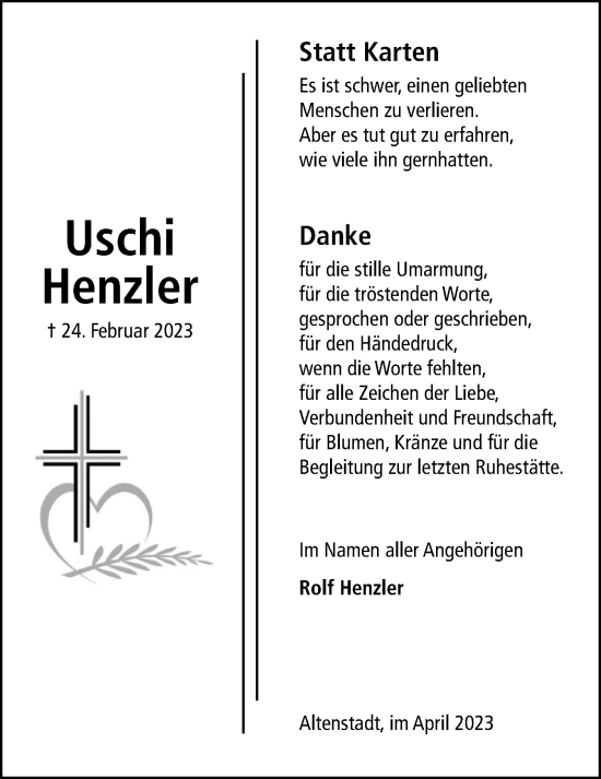 Traueranzeige von Uschi Henzler von Kreis-Anzeiger
