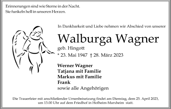 Traueranzeige von Walburga Wagner 