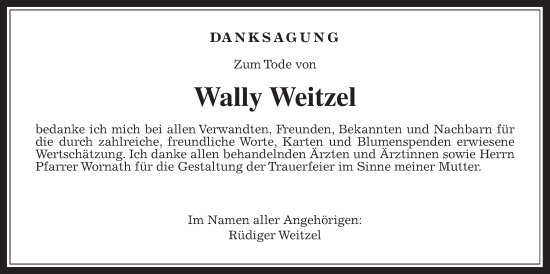 Traueranzeige von Wally Weitzel von Wetterauer Zeitung