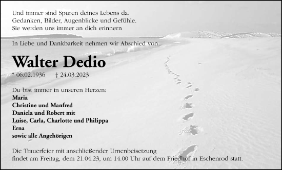Traueranzeige von Walter Dedio von Kreis-Anzeiger