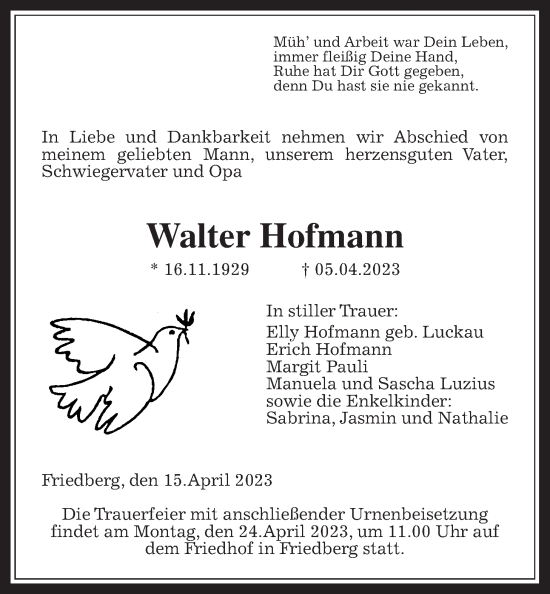 Traueranzeige von Walter Hofmann von Wetterauer Zeitung