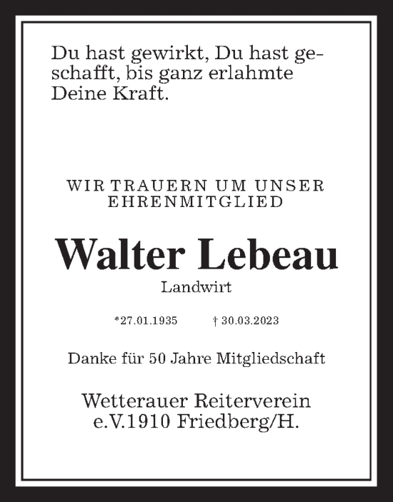 Traueranzeige von Walter Lebeau von Wetterauer Zeitung