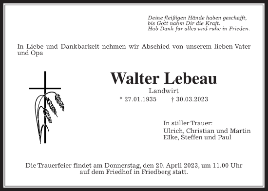 Traueranzeige von Walter Lebeau von Wetterauer Zeitung