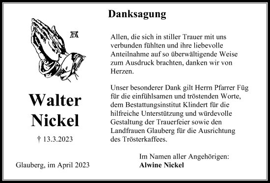 Traueranzeige von Walter Nickel von Kreis-Anzeiger
