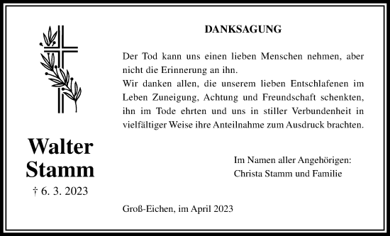 Traueranzeige von Walter Stamm von Mücker Stimme, Giessener Allgemeine, Alsfelder Allgemeine