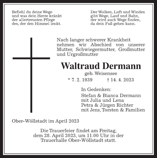 Traueranzeige von Waltraud Dermann von Wetterauer Zeitung
