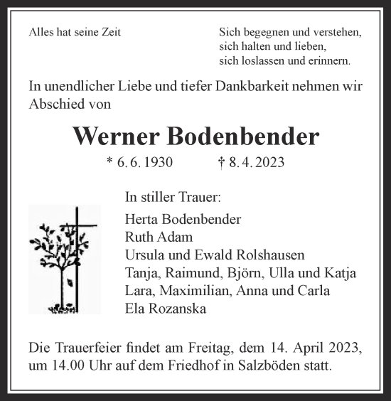 Traueranzeige von Werner Bodenbender von Giessener Anzeiger, Giessener Allgemeine, Alsfelder Allgemeine