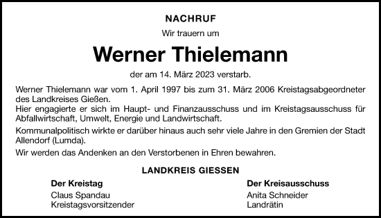 Traueranzeige von Werner Thielemann von Allendorfer Mitteilungen