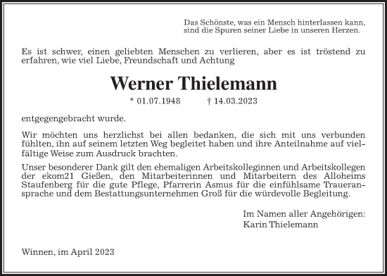 Traueranzeige von Werner Thielemann von Giessener Allgemeine, Alsfelder Allgemeine