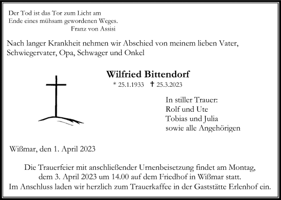 Traueranzeige von Wilfried Bittendorf von Giessener Allgemeine, Alsfelder Allgemeine